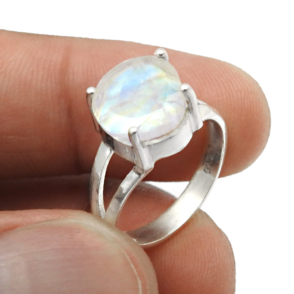 Natural Faceted Rainbow Moonstone 925 Silver Cocktail Ring Size 5 For Girls E17