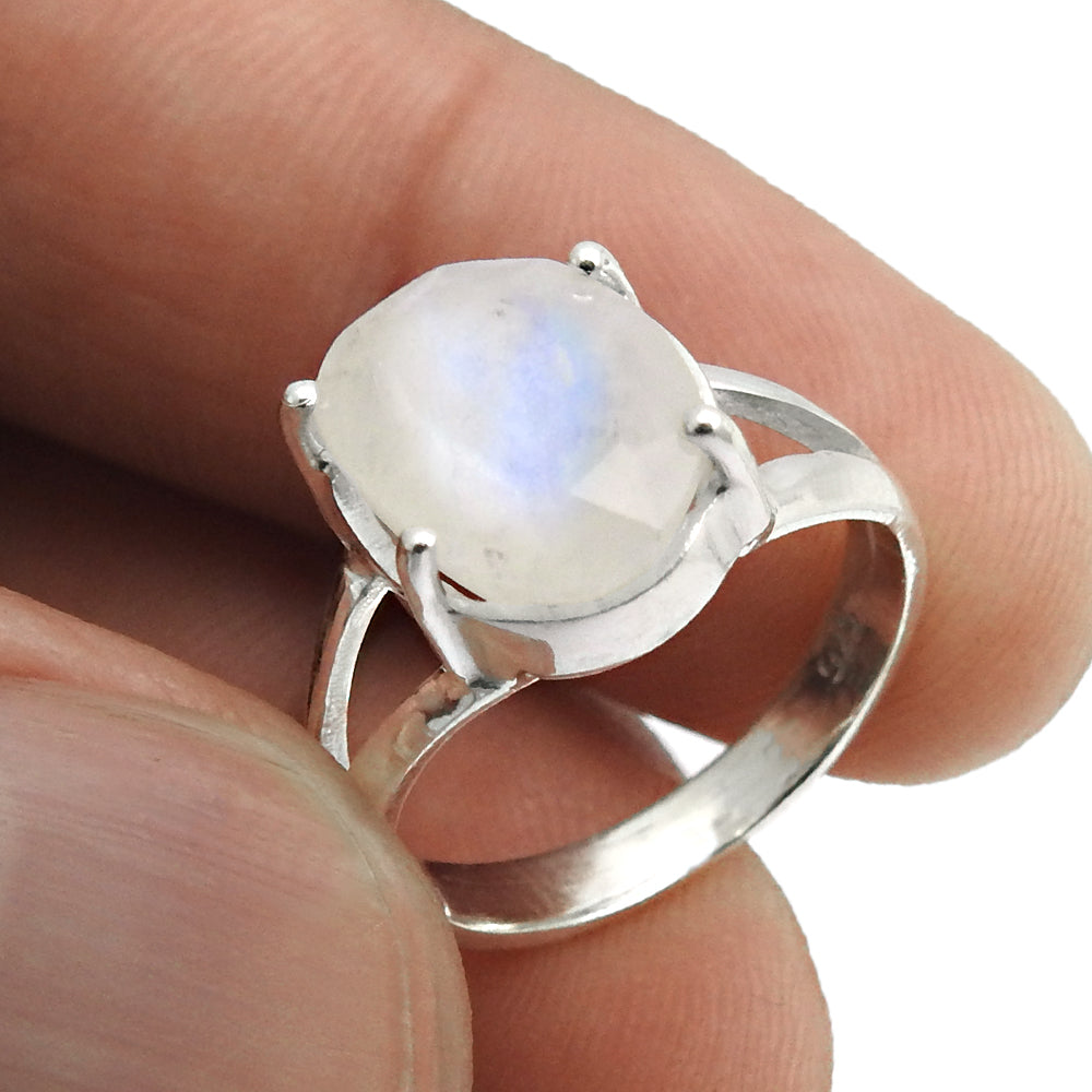 Natural Faceted Rainbow Moonstone Cocktail White Ring Size 5 925 Silver F17