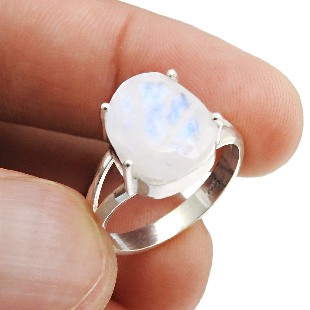 Natural Faceted Rainbow Moonstone Cocktail Ring Size 7 925 Silver For Women K17