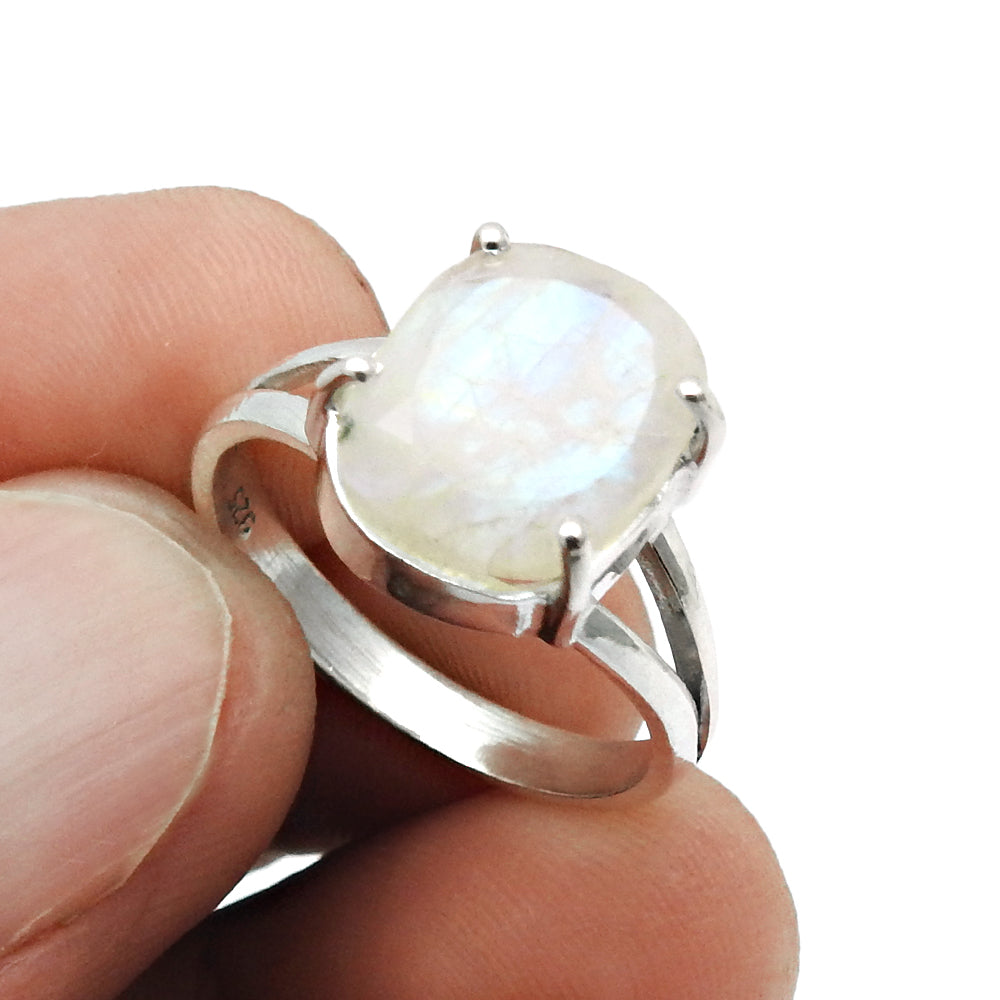 Natural Faceted Rainbow Moonstone Cocktail Ring Size 8 925 Silver For Girls M17