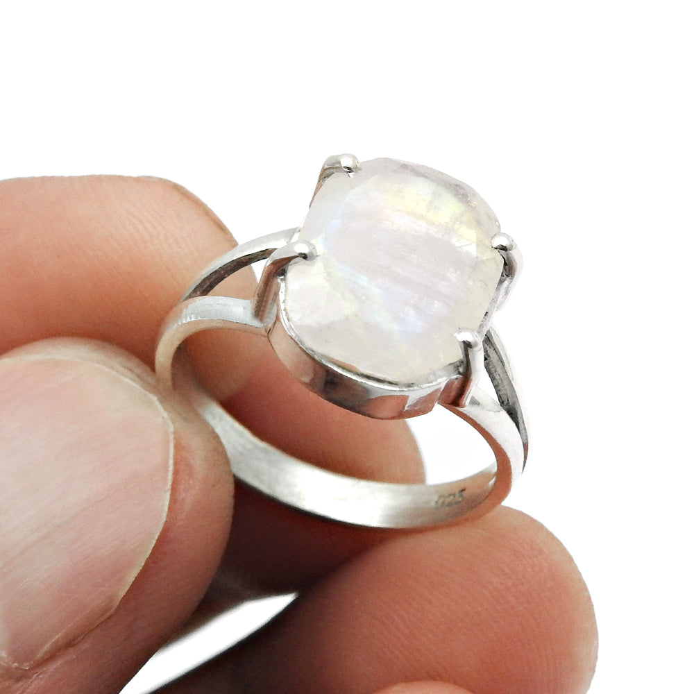 Natural Faceted Rainbow Moonstone Cocktail Ring Size 7 925 Silver For Girls N17