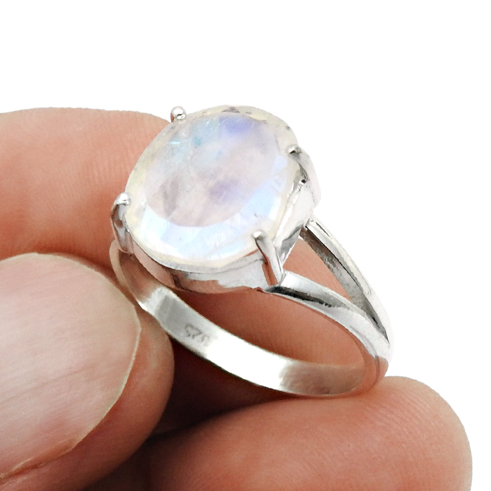 Natural Faceted Rainbow Moonstone 925 Silver Cocktail Ring Size 9 For Women O17