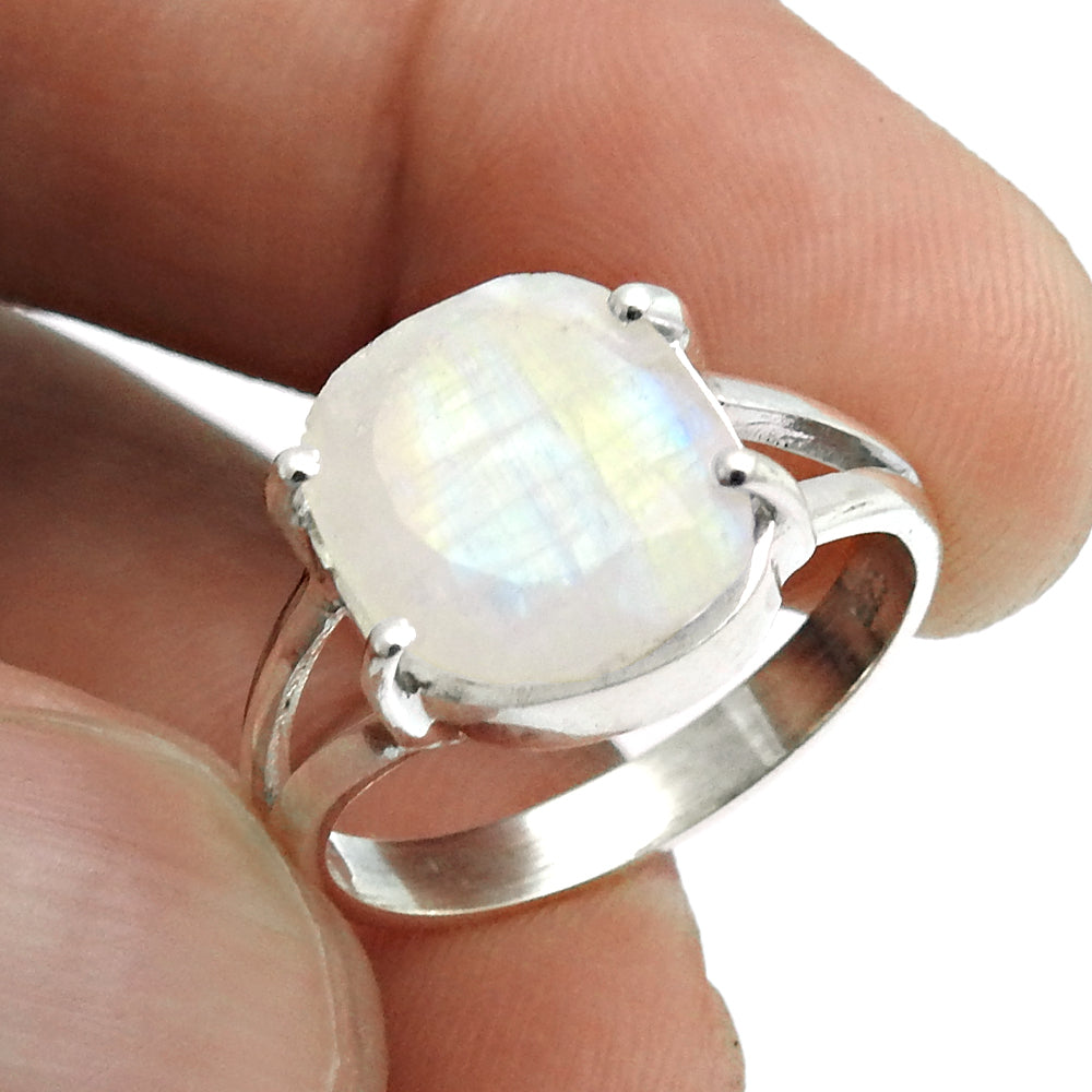 Gift For Her Natural Faceted Rainbow Moonstone Cocktail Ring Size 7 925 Silver P17