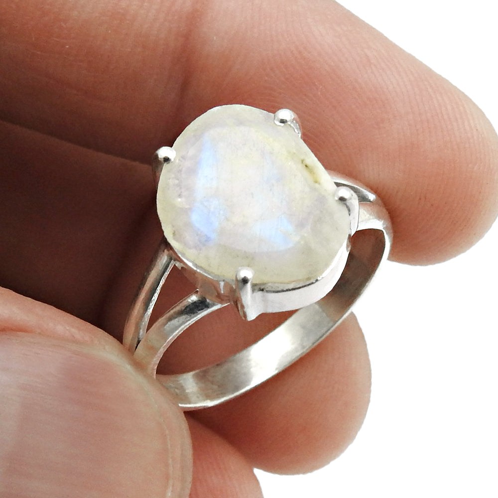 Natural Faceted Rainbow Moonstone 925 Silver Cocktail Ring Size 8 For Women V17