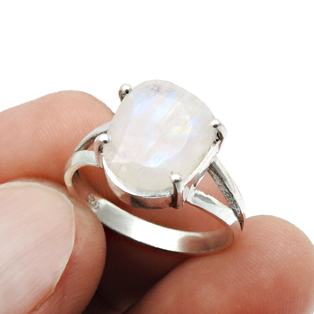 Natural Faceted Rainbow Moonstone Cocktail Ring Size 7 925 Silver For Women W17