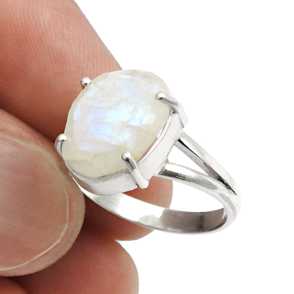 Natural Faceted Rainbow Moonstone 925 Silver Cocktail Ring Size 8 For Women X17