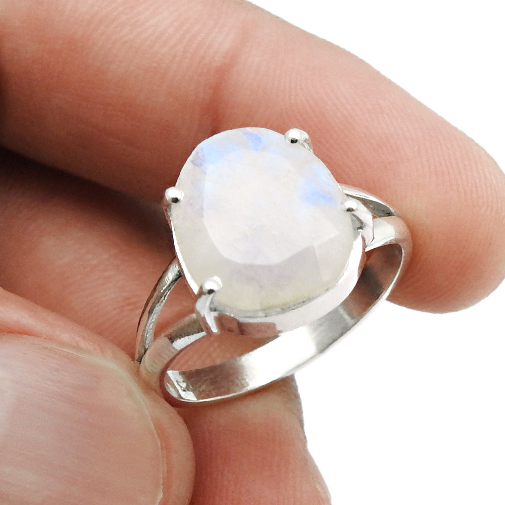 Gift For Her 925 Silver Natural Faceted Rainbow Moonstone Cocktail Ring Size 8.5 H18