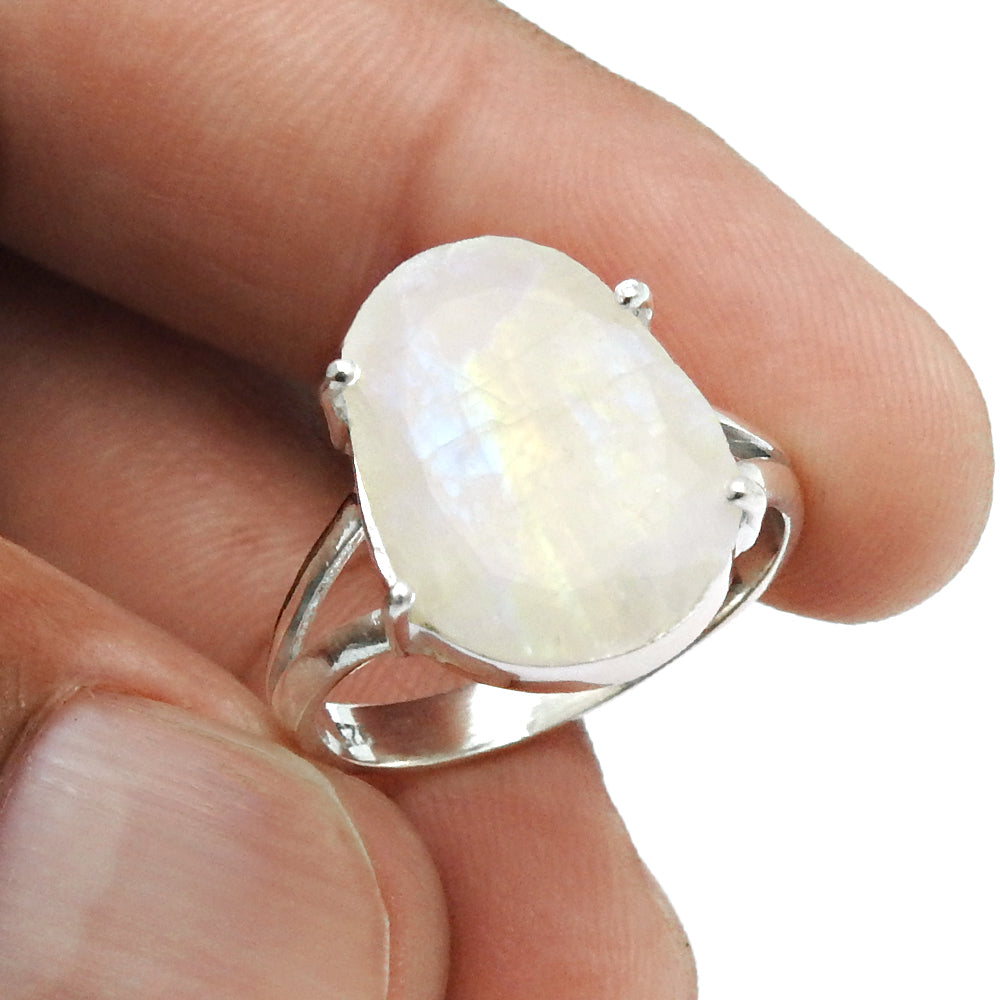 Gift For Her 925 Silver Natural Faceted Rainbow Moonstone Cocktail Ring Size 8 J18