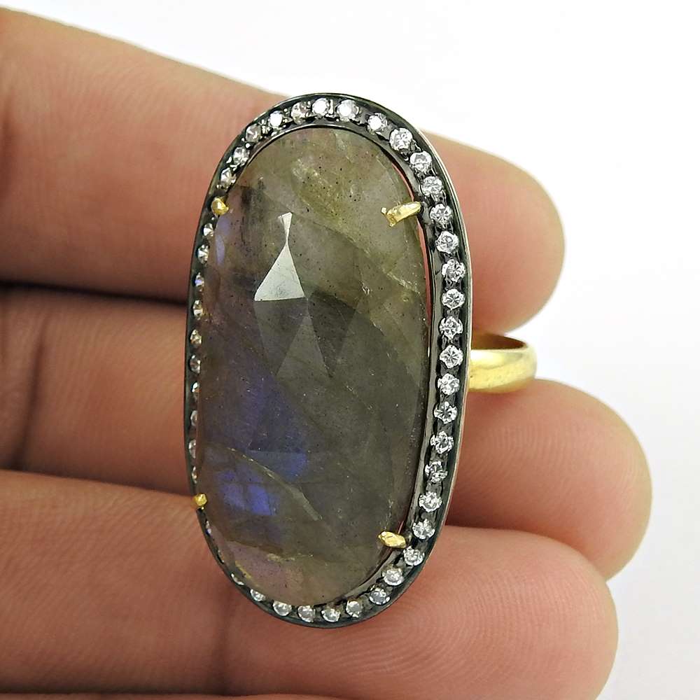 Woman Gift Natural Labradorite Gemstone 925 Silver Ring Size 6.5 E39
