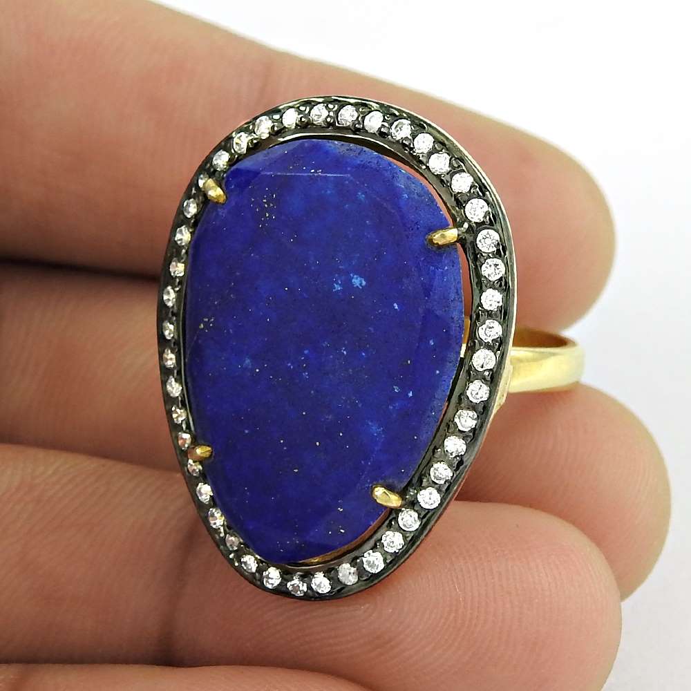 Woman Gift 925 Silver Natural Lapis Lazuli Cocktail Ring Size 7.5 F39