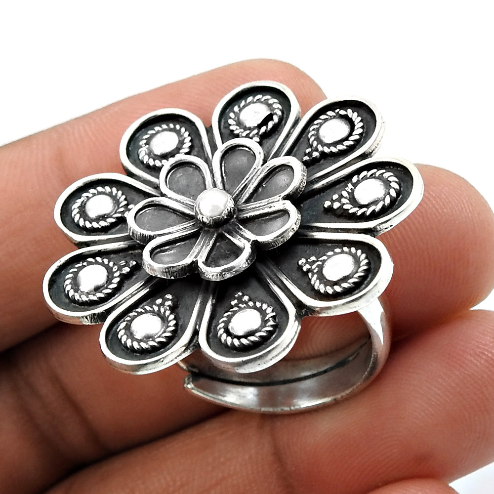 Solid 925 Sterling Silver Flower adjustable Ring Vintage Look Jewelry P74
