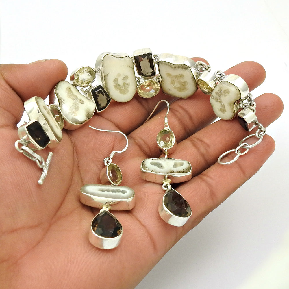 Natural Agate Slice 925 Silver Earrings Bracelet