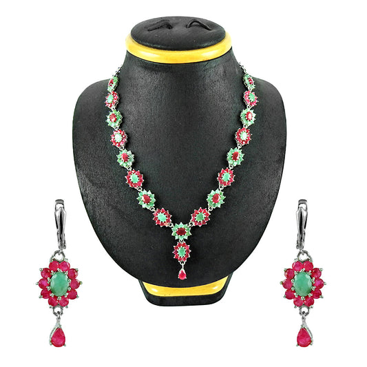 101 Natural Ruby Emerald 925 Sterling Silver Earrings Necklace Set