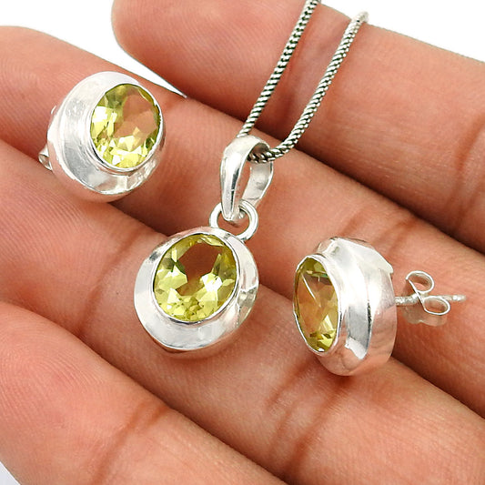 101 Natural Lemon Topaz Gemstone 925 Silver Earrings Pendant Set