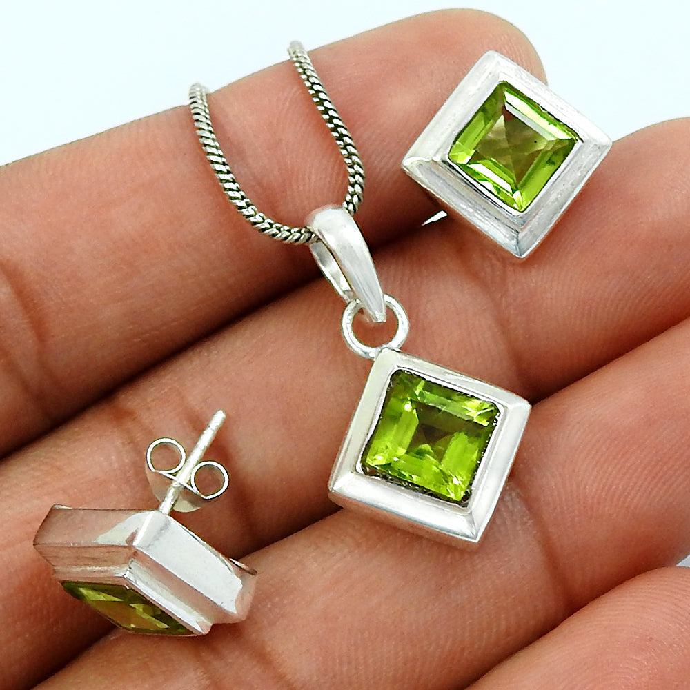 Natural Peridot Gemstone 925 Silver Earrings Pendant Set