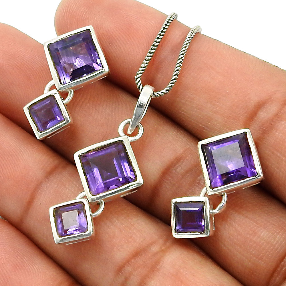 101 Natural Amethyst Gemstone Sterling Silver Earrings Pendant Set