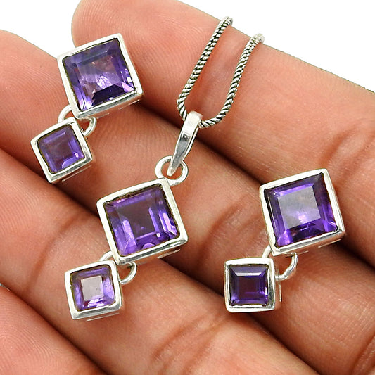 101 Natural Amethyst Gemstone Sterling Silver Earrings Pendant Set