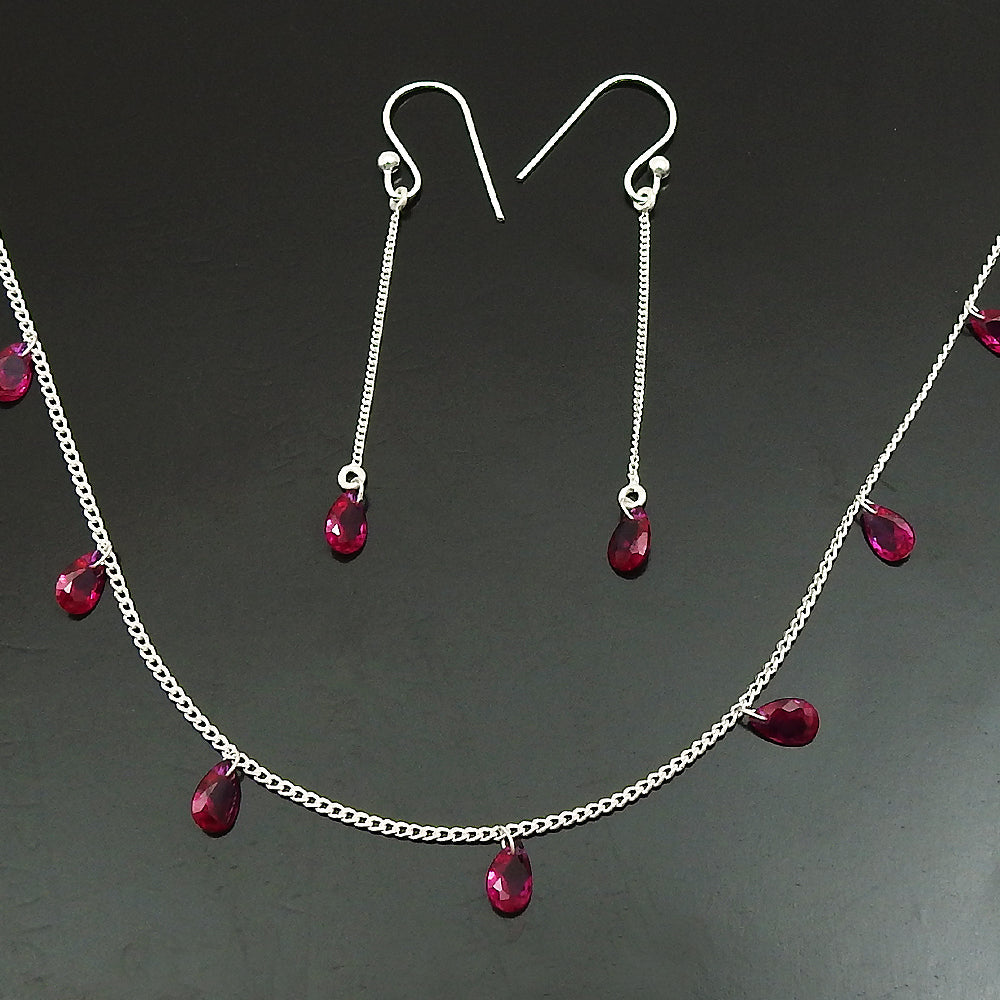 Handcrafted 925 Sterling Silver Ruby CZ Earrings Necklace Set