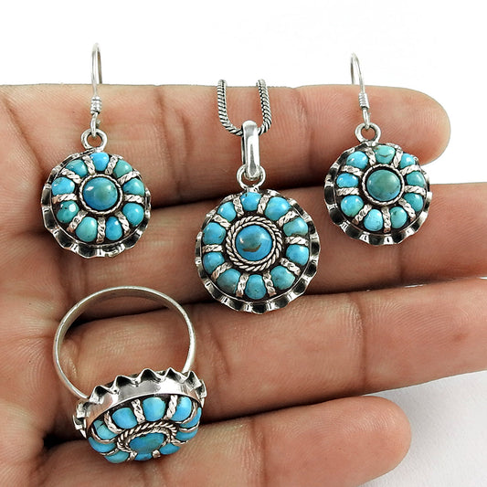 101 925 Sterling Silver Turquoise Jewelry Set Ring Earrings Pendant for Women Girls