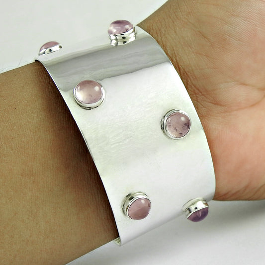101 Solid 925 Sterling Silver Natural Rose Quartz Gemstone Cuff Bangle
