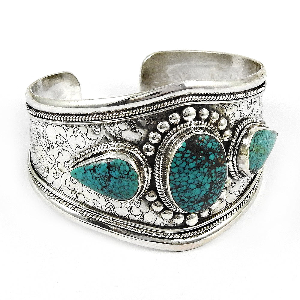 Natural Turquoise Gemstone Jewelry 925 Sterling Silver Cuff Bangle For Women E1