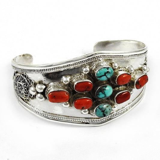 Natural Coral Turquoise Gemstone Jewelry 925 Sterling Silver Cuff Bangle For Women E1