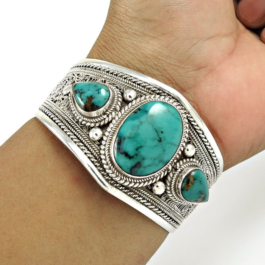 Natural Turquoise Gemstone Jewelry 925 Sterling Silver Cuff Bangle For Women E1