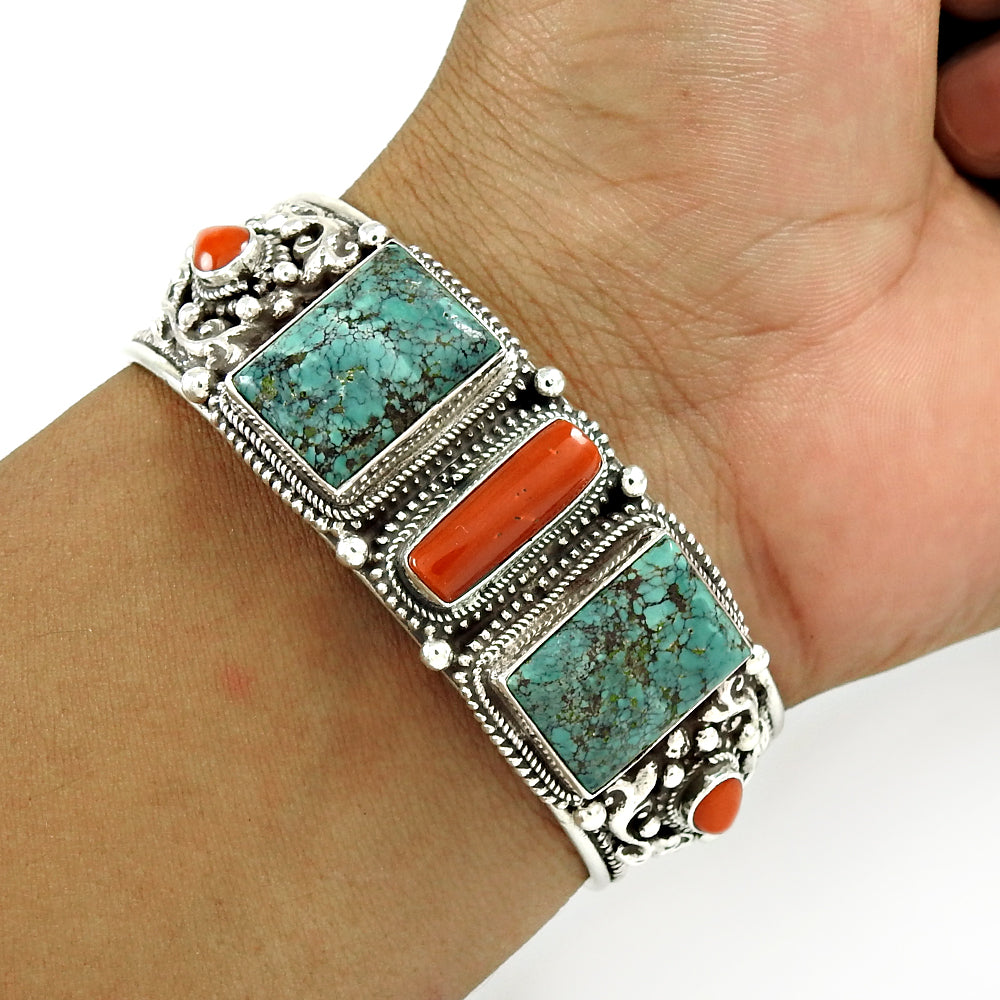 Natural Coral Turquoise Gemstone Jewelry 925 Sterling Silver Cuff Bangle For Women E1