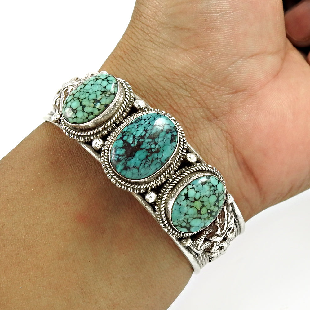 Natural Turquoise Gemstone Jewelry 925 Sterling Silver Cuff Bangle For Women E1