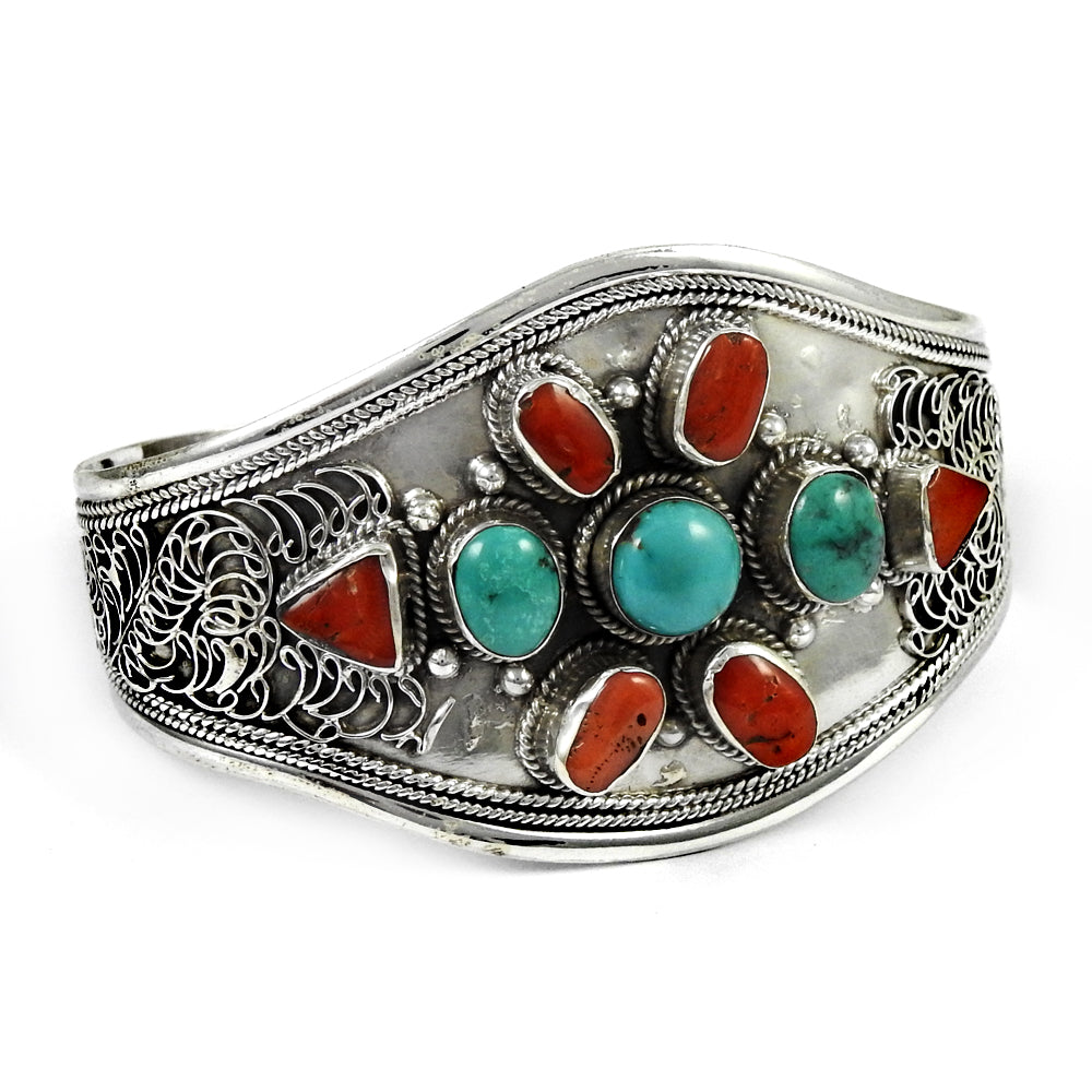 Natural Coral Turquoise Gemstone Jewelry 925 Sterling Silver Cuff Bangle For Women E1