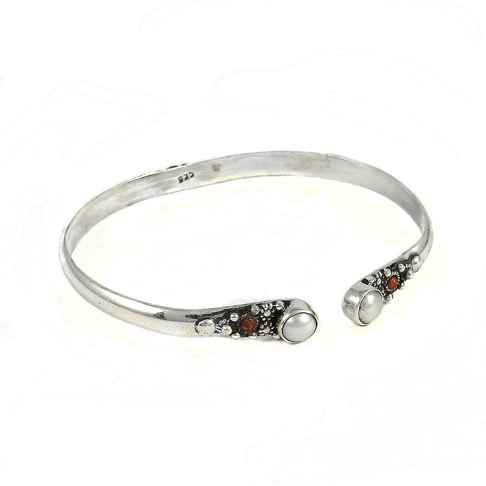 Natural Pearl Coral Gemstone Jewelry 925 Sterling Silver Cuff Bangle For Women E1