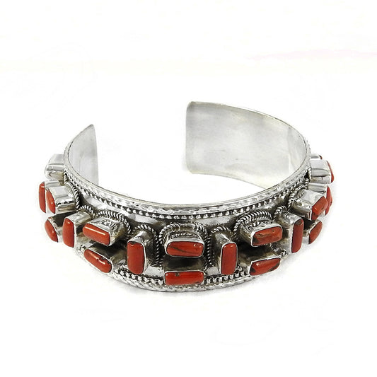 Natural Coral Gemstone Jewelry 925 Sterling Silver Cuff Bangle For Women E1