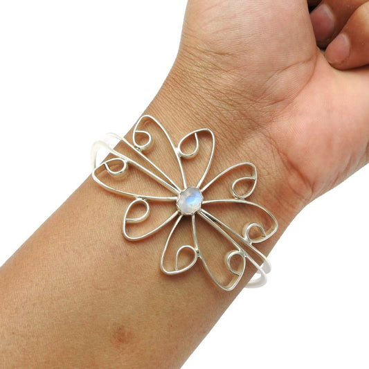 Gift For Her 925 Silver Natural Rainbow Moonstone Cuff Flower Bangle G20