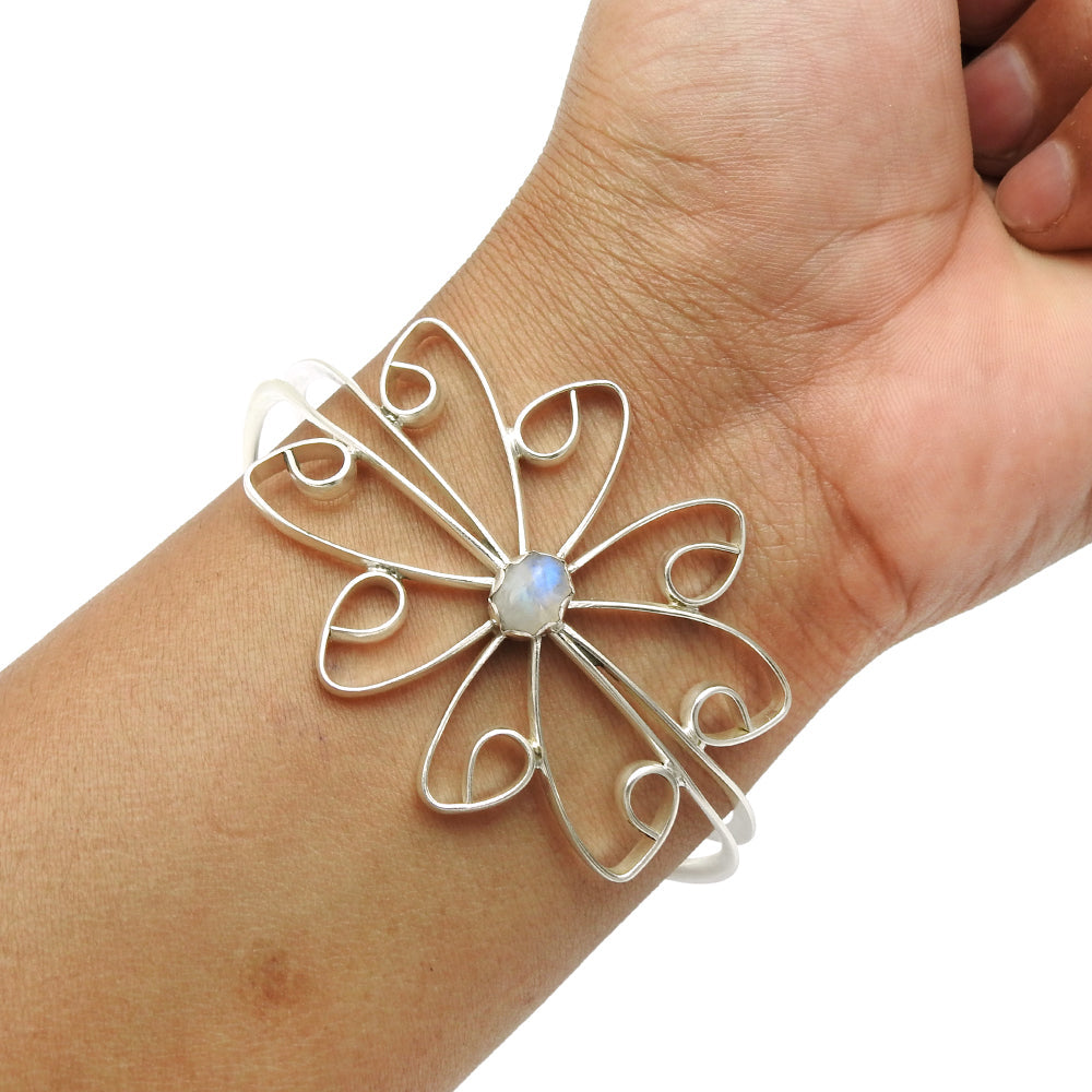 101 Natural Rainbow Moonstone Gemstone Cuff Flower White Bangle 925 Silver C1
