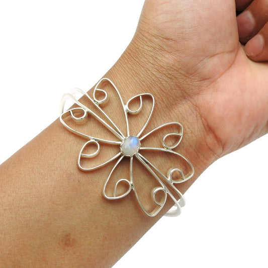 101 Natural Rainbow Moonstone Gemstone Cuff Flower White Bangle 925 Silver C1