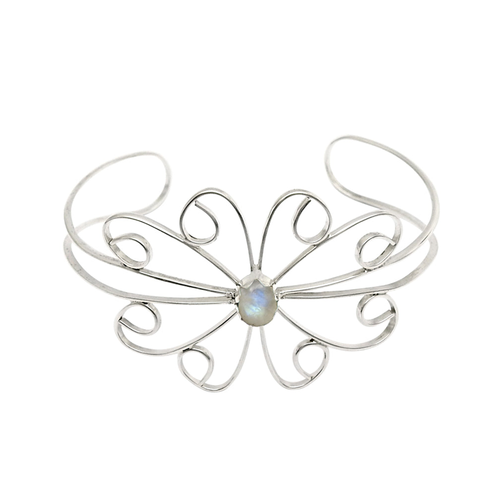 101 Natural Rainbow Moonstone Gemstone Cuff Flower White Bangle 925 Silver C1