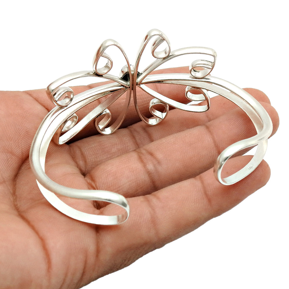 101 Natural Rainbow Moonstone Gemstone Cuff Flower White Bangle 925 Silver C1