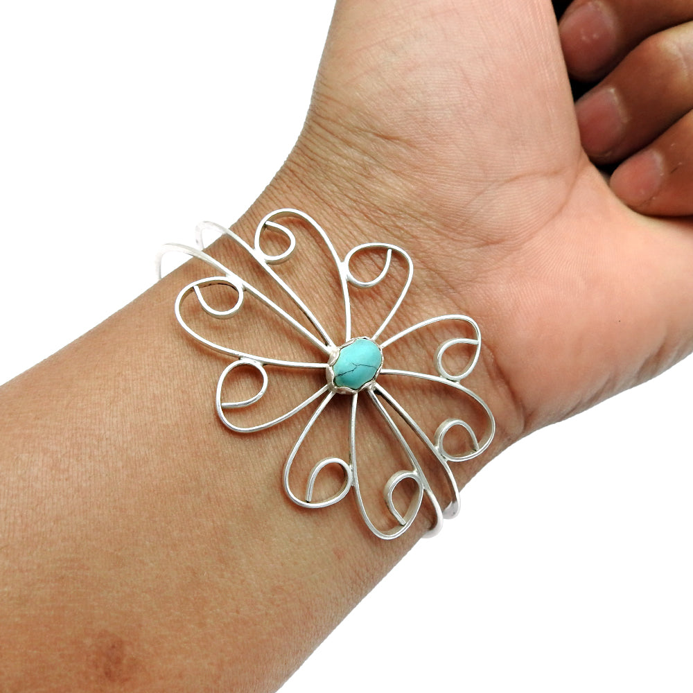 101 Birthday Gift 925 Silver Natural Turquoise Gemstone Cuff Flower Bangle L1