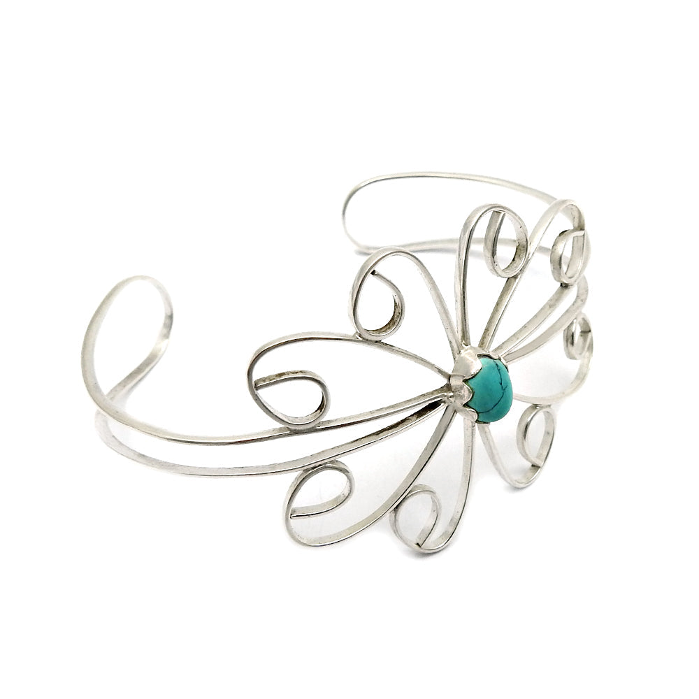 101 Birthday Gift 925 Silver Natural Turquoise Gemstone Cuff Flower Bangle L1