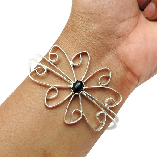 Natural Onyx Gemstone 925 Sterling Silver Cuff Flower Bangle For Women H20