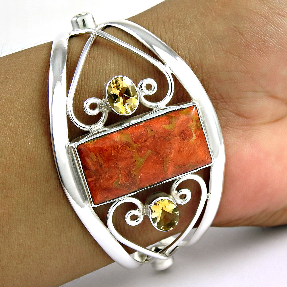 101 Natural Red Copper Turquoise Citrine Gemstone 925 Sterling Silver Bangle