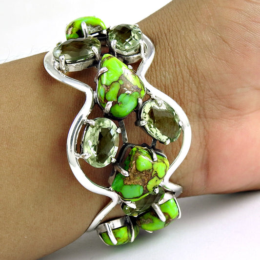 101 Vintage 925 Sterling Silver Green Copper Turquoise Green Amethyst Cuff Bangle