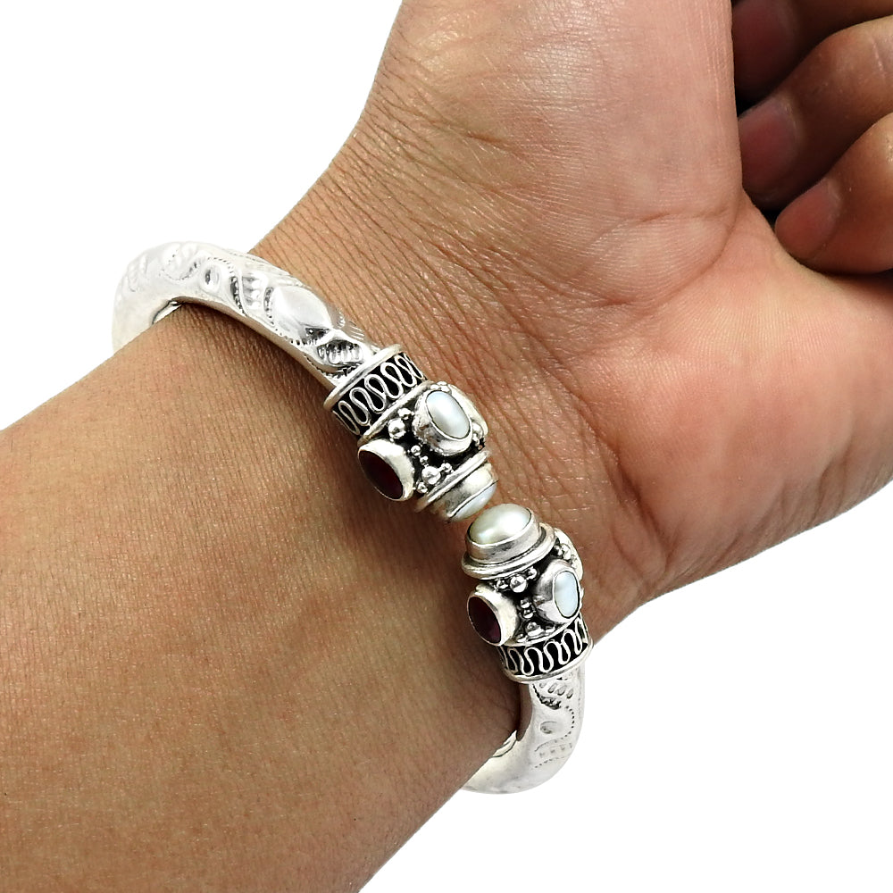 101 925 Silver Natural Pearl Ruby Emerald Gemstone Statement Bangle