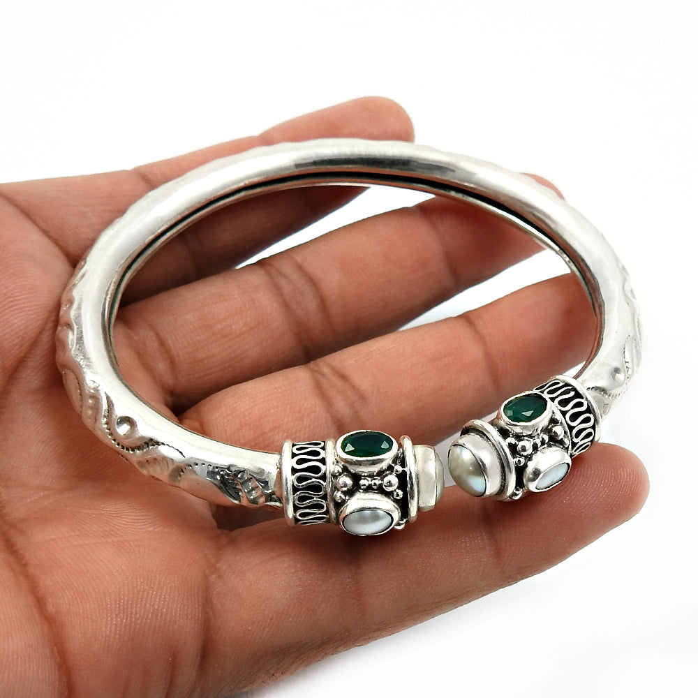 101 925 Silver Natural Pearl Ruby Emerald Gemstone Statement Bangle