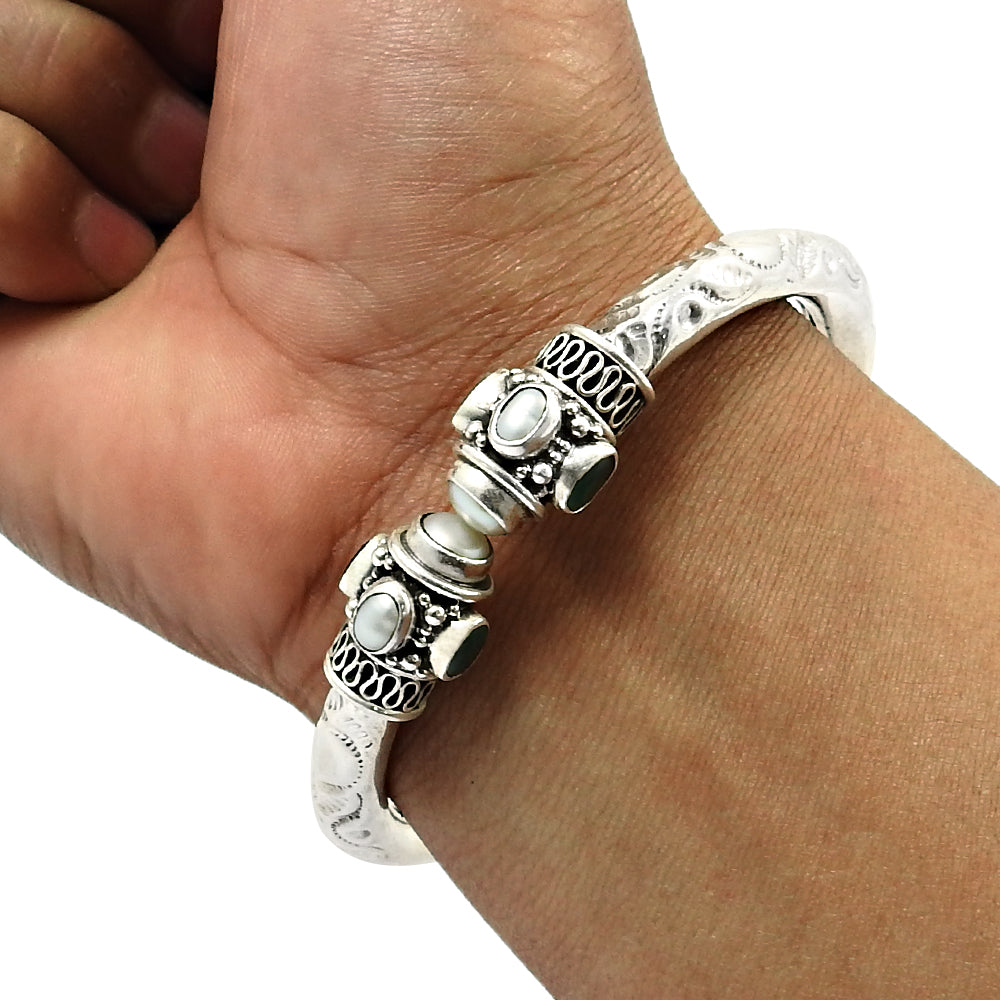 101 925 Silver Natural Pearl Ruby Emerald Gemstone Statement Bangle