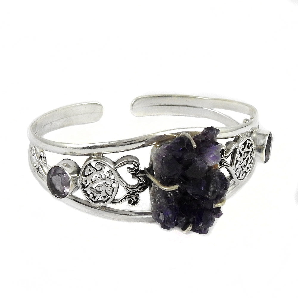 Natural Amethyst Gemstone Cuff Bangle 925 Sterling Silver Jewelry For Girls J1