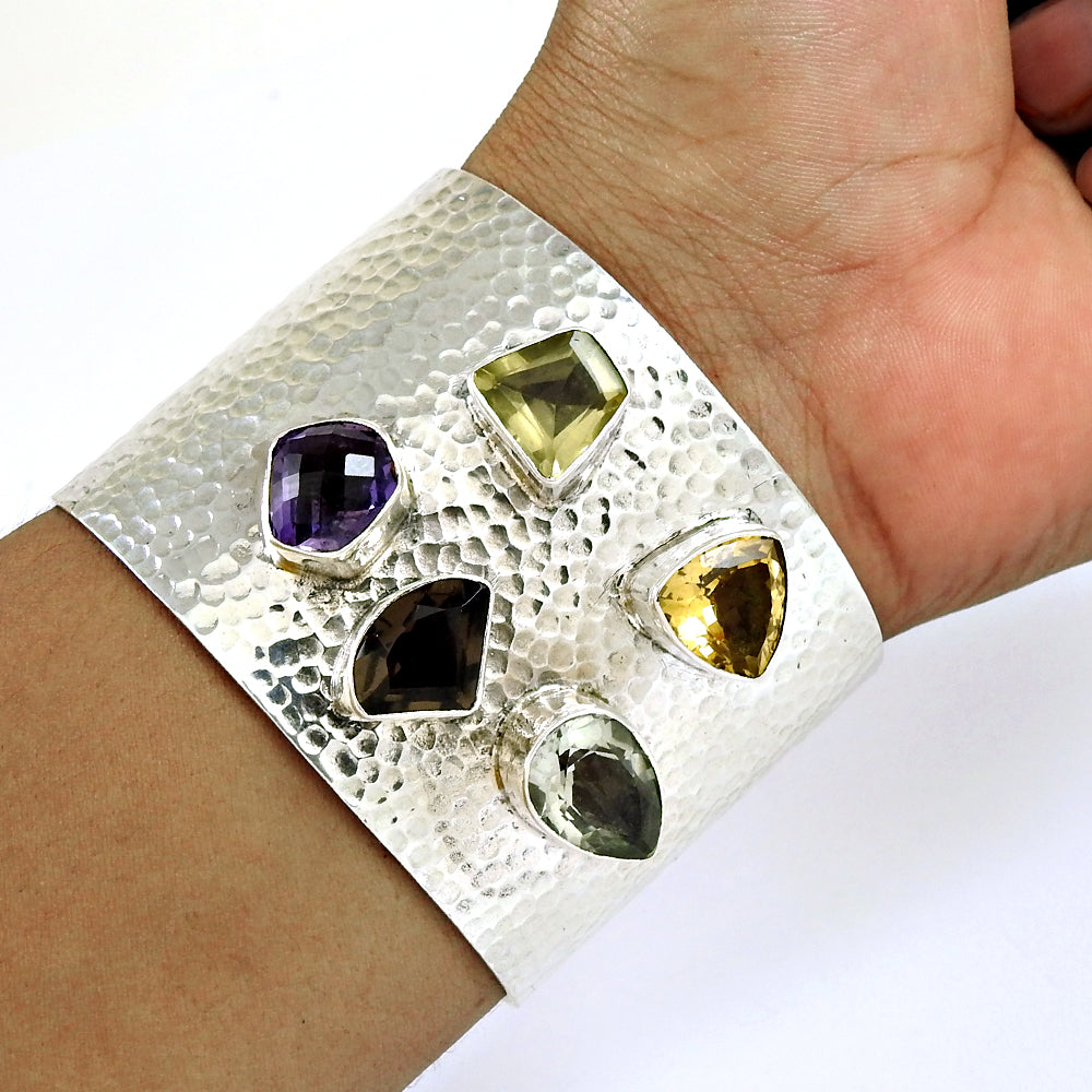 101 Spiritual Natural Gemstones Solid 925 Sterling Silver Open Cuff Bangle