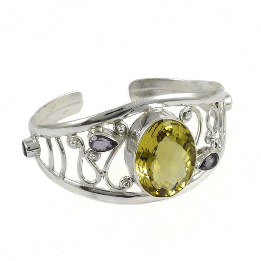 Natural Lemon Topaz Gemstone Cuff Mothers Day Gift Bangle 925 Sterling Silver X1