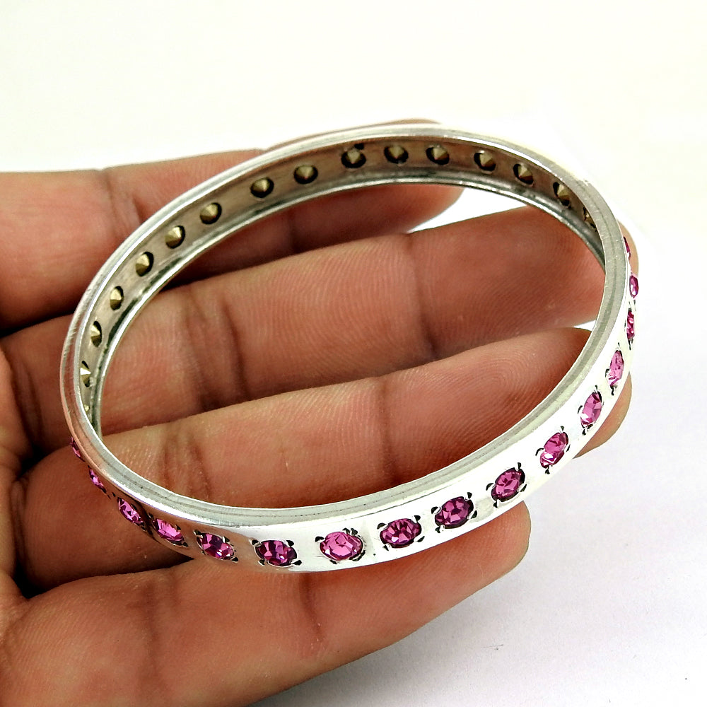 High Quality Natural Pink Quartz 925 Sterling Silver Bangle Women Gift