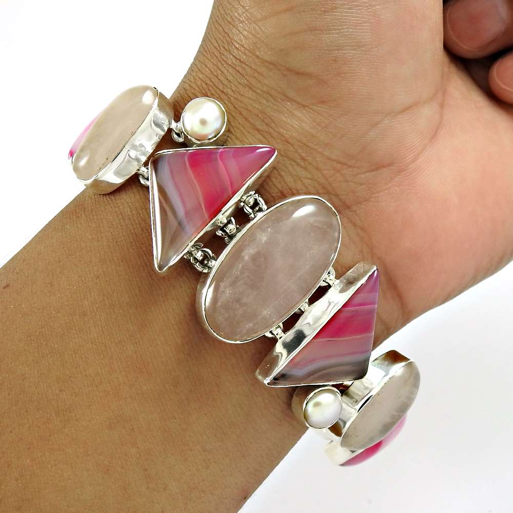 Mothers Day Gift 925 Sterling Silver Natural Rose Quartz Bohemian Bracelet A1